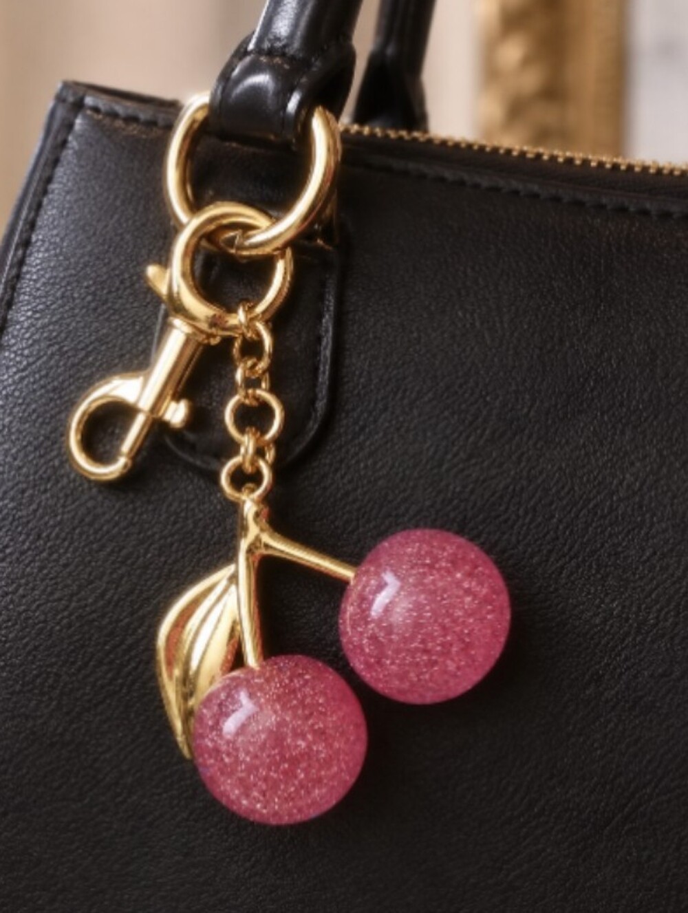 Pink Cherry Bag Charm Keychain with Gold Leaf Pink Glitter Cherry Charms